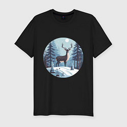 Мужская slim-футболка Зимняя сказка олень в лесу