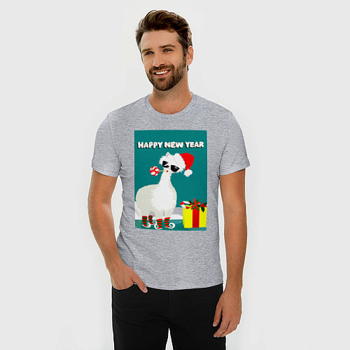 Мужская slim-футболка Лама - альпака Санта Клаус на коньках / Меланж – фото 3