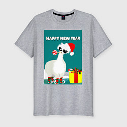 Мужская slim-футболка Лама - альпака Санта Клаус на коньках