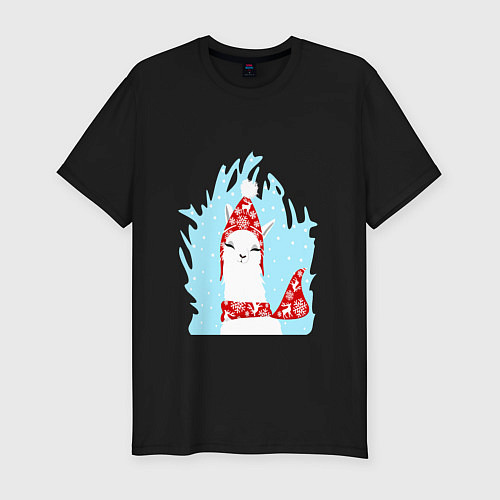 Мужская slim-футболка Лама - альпака в шапочке / Черный – фото 1