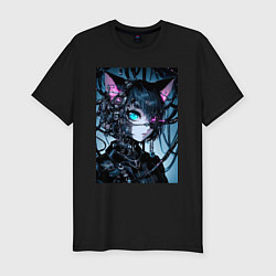 Футболка slim-fit Cyber cat - ai art, цвет: черный