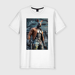 Футболка slim-fit Kangaroo warrior with a gun - ai art, цвет: белый