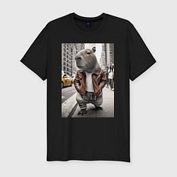 Футболка slim-fit Trendy capybara on the streets of New York, цвет: черный