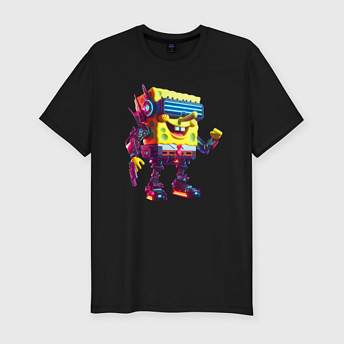 Мужская slim-футболка Sponge Bob - cyberpunk - ai art / Черный – фото 1