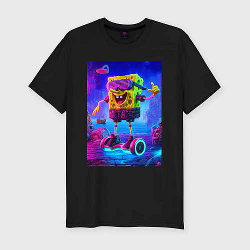 Мужская slim-футболка Sponge Bob on a gyro scooter - ai art / Черный – фото 1