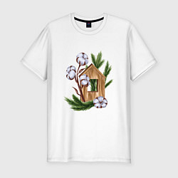 Мужская slim-футболка Деревянный домик с хлопком и еловыми ветками
