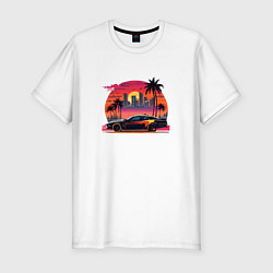 Мужская slim-футболка Ретро закат в Майями и гоночная машина