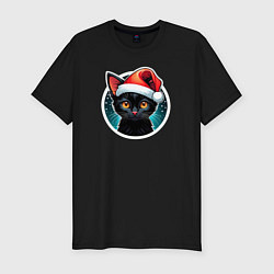 Футболка slim-fit Милый черный котенок в праздничной новогодней шапк, цвет: черный