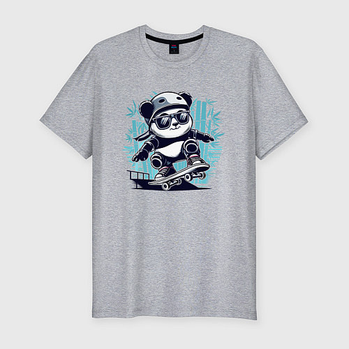 Мужская slim-футболка Панда - крутой скейтбордист / Меланж – фото 1
