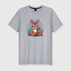 Мужская slim-футболка Новогодний олень с подарками