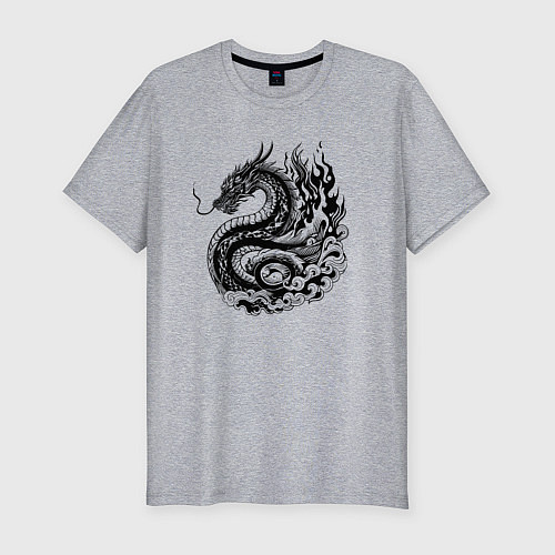 Мужская slim-футболка Японский дракон - ирезуми / Меланж – фото 1