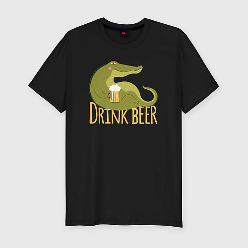 Мужская slim-футболка Крокодил пьёт пиво / Черный – фото 1