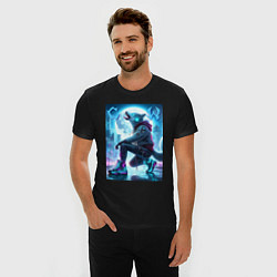 Футболка slim-fit Cyber wolf in metropolis - ai art, цвет: черный — фото 2