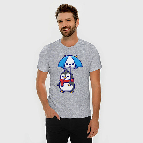 Мужская slim-футболка Пингвин с кошачим зонтом / Меланж – фото 3