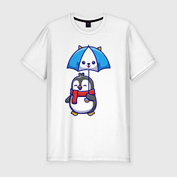 Мужская slim-футболка Пингвин с кошачим зонтом