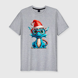 Мужская slim-футболка Дракончик в рождественской шапке