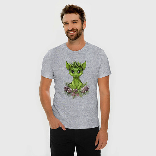 Мужская slim-футболка Зелёный дракончик в сосновых шишках / Меланж – фото 3
