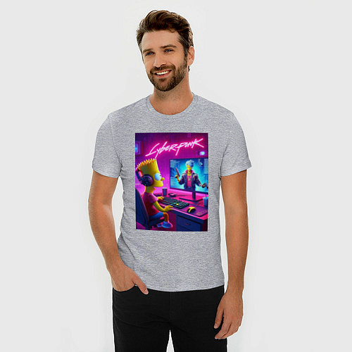 Мужская slim-футболка Gamer Bart - cyberpunk / Меланж – фото 3