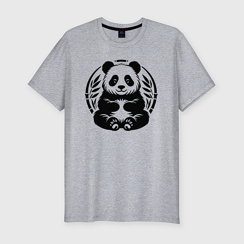 Мужская slim-футболка Сидящая чёрная панда в позе лотоса / Меланж – фото 1