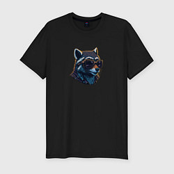 Футболка slim-fit Стильный енот в очках, цвет: черный