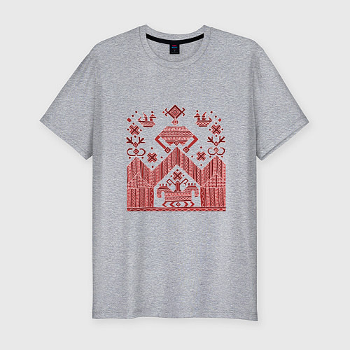 Мужская slim-футболка Красные славянская узоры вышивки / Меланж – фото 1