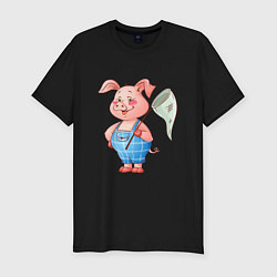 Футболка slim-fit Мультяшный поросенок с сачком, цвет: черный