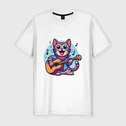 Мужская slim-футболка Полосатый кот играет на гитаре