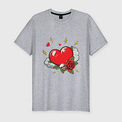 Мужская slim-футболка Сердце с розой и черепом