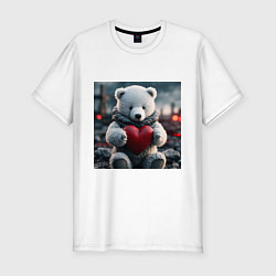 Футболка slim-fit Белый северный мишка игрушечный и красное сердце, цвет: белый
