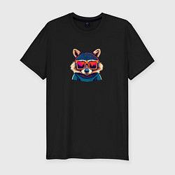 Футболка slim-fit Красочный енот в модных очках, цвет: черный