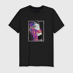 Мужская slim-футболка Влюблённая пара глитч и брызги краски