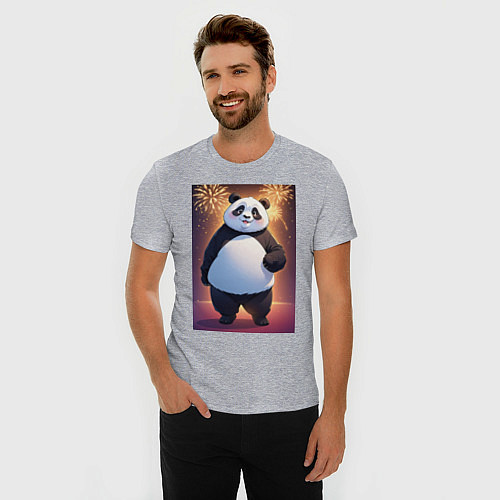 Мужская slim-футболка Панда в свитере под салютом - ai art / Меланж – фото 3