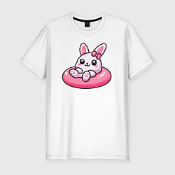 Футболка slim-fit Смешной розовый кролик в надувном круге, цвет: белый