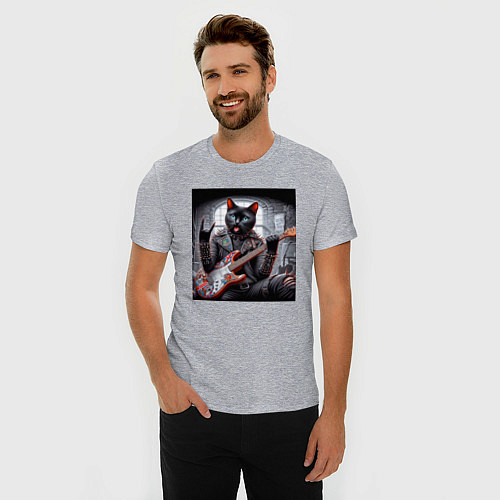 Мужская slim-футболка Чёрный котяра рок гитарист / Меланж – фото 3