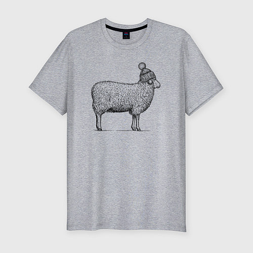 Мужская slim-футболка Овца в шапке с помпоном / Меланж – фото 1