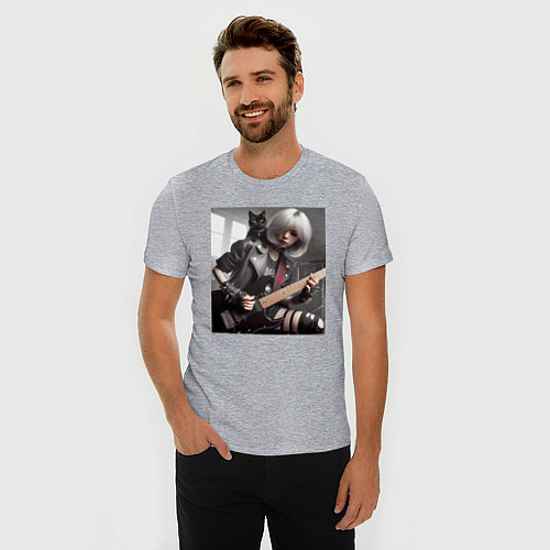Мужская slim-футболка Девчонка рок гитарист с чёрным котом / Меланж – фото 3