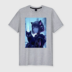 Мужская slim-футболка Девчонка кошка с котёнком - нейросеть