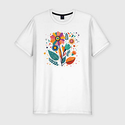 Мужская slim-футболка Яркий цветок, веточки и листья