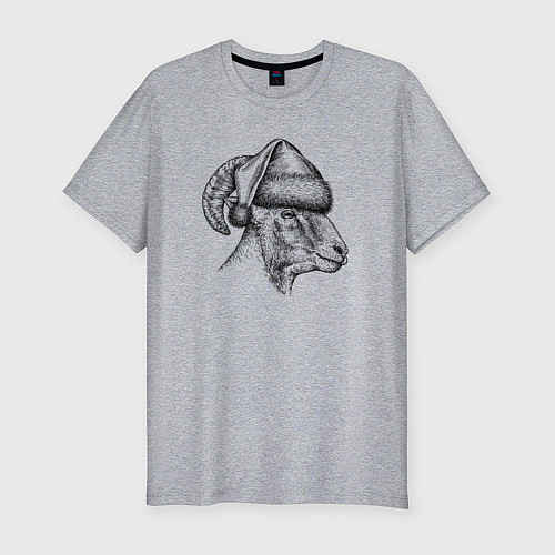 Мужская slim-футболка Баран в новогоднем колпаке / Меланж – фото 1