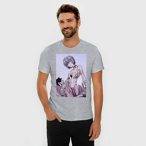 Мужская slim-футболка Евангелион Рей Аянами кот / Меланж – фото 3
