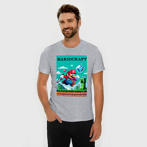 Мужская slim-футболка Mario and Minecraft - collaboration pixel art / Меланж – фото 3
