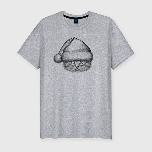 Мужская slim-футболка Котенок в новогоднем колпаке / Меланж – фото 1