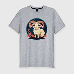 Мужская slim-футболка Барашек знак зодиака Овен на фоне цветов