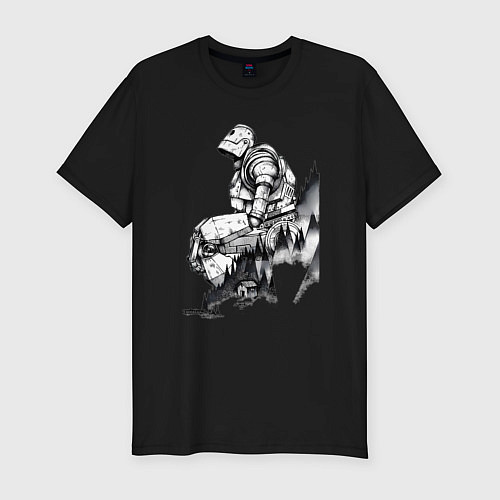 Мужская slim-футболка Робот сидит на холме - Стальной гигант / Черный – фото 1