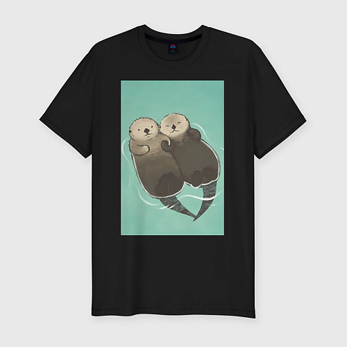 Мужская slim-футболка Выдры плавают / Черный – фото 1
