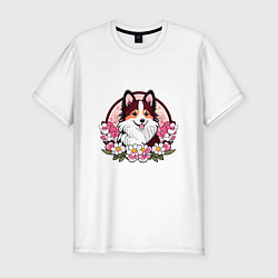 Мужская slim-футболка Колли среди цветов сакуры