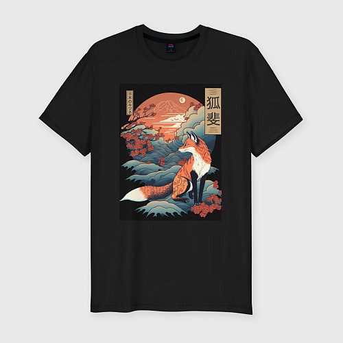 Мужская slim-футболка Лиса в японском стиле / Черный – фото 1