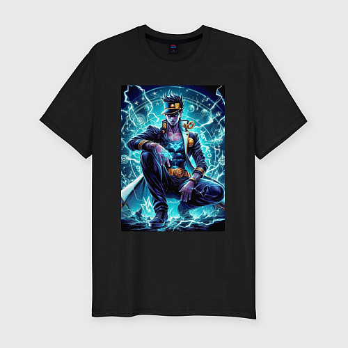 Мужская slim-футболка Jotaro Kujo - neon glow ai art / Черный – фото 1