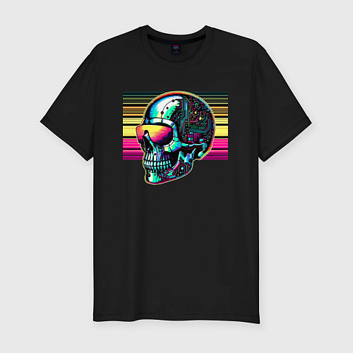 Мужская slim-футболка Cyber skull - fantasy ai art / Черный – фото 1