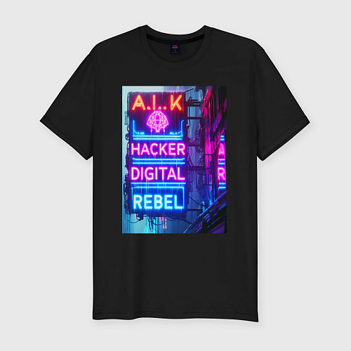 Мужская slim-футболка Ai hacker digital rebel - neon glow / Черный – фото 1
